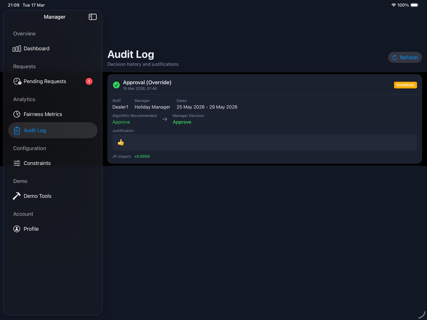 Manager audit log with timestamps, action types, staff names, manager justifications and filters.