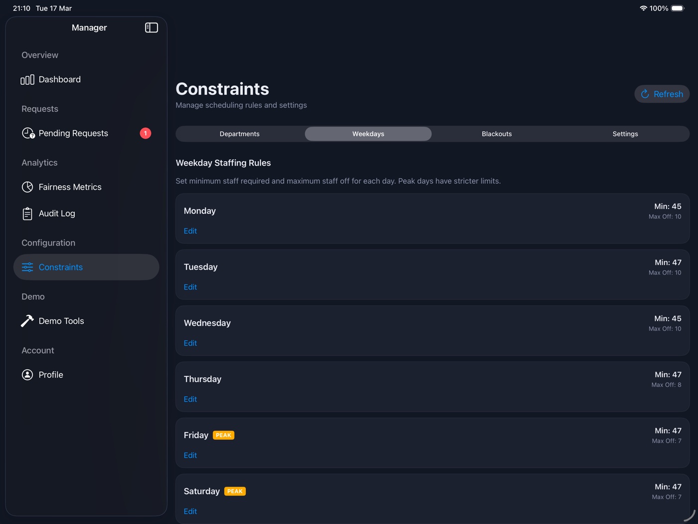 Constraints management screen showing department minimum staffing, weekday limits and blackout periods configuration.