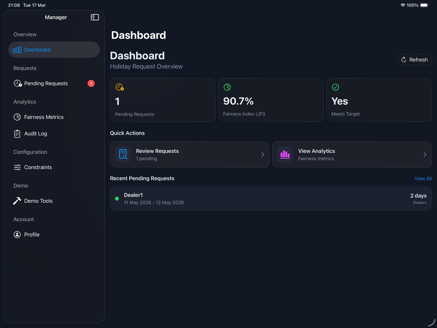 Manager iPad dashboard showing pending requests count, recent activity and quick stats.