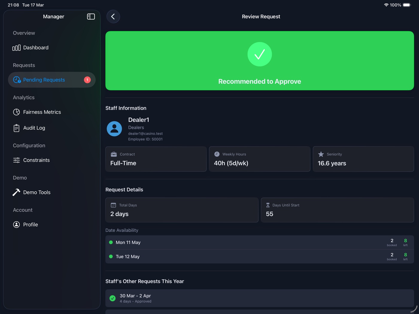 Approval workflow showing a single request with staff details, requested dates, current fairness score and an approve or reject action with mandatory justification.