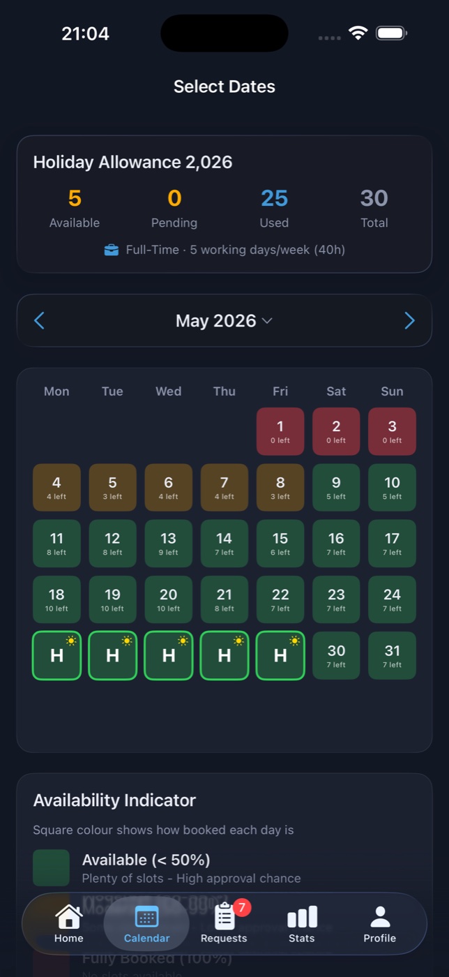 iPhone staff app showing a calendar with green, amber and red traffic-light indicators on each date plus the holiday allowance breakdown.