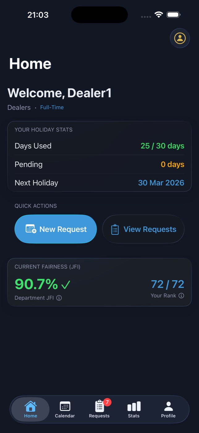 Staff dashboard showing holiday allowance, recent activity and quick navigation to the calendar.