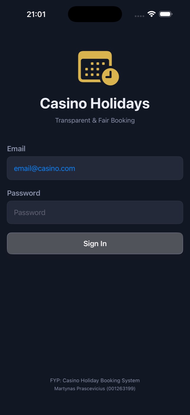 iPhone app login screen with username and password fields on a dark themed background.